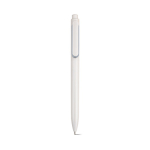 Recycled plastic pen with reinforced clip and blue ink white colour front view