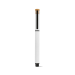 Recycled aluminium and bamboo rollerball pen with blue ink white colour front view