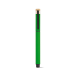 Recycled aluminium and bamboo rollerball pen with blue ink green colour front view