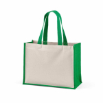Recycled cotton and jute shopping bag with long handles 300 g/m² green colour second view