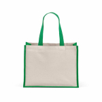 Recycled cotton and jute shopping bag with long handles 300 g/m² green colour rear view