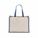 Recycled cotton and jute shopping bag with long handles 300 g/m² navy-blue colour front view