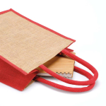 Laminated jute shopping bag with cotton handles 16 L red colour detail view