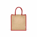 Laminated jute shopping bag with cotton handles 16 L red colour front view