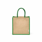Laminated jute shopping bag with cotton handles 16 L green colour front view