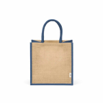 Laminated jute shopping bag with cotton handles 16 L navy-blue colour front view