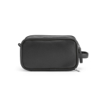 Hanging recycled synthetic leather toiletry bag with hook and three compartments black colour front view