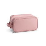 Hanging recycled synthetic leather toiletry bag with hook and three compartments pink colour second view