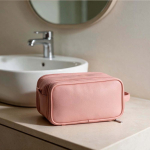 Hanging recycled synthetic leather toiletry bag with hook and three compartments pink colour ambient view