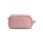 Hanging recycled synthetic leather toiletry bag with hook and three compartments pink colour front view