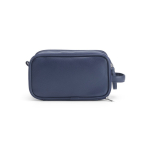 Hanging recycled synthetic leather toiletry bag with hook and three compartments navy-blue colour front view