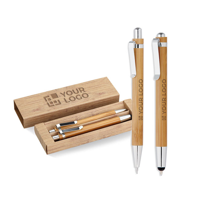 Ecological set with bamboo ballpoint pen and pencil wood colour view with print area