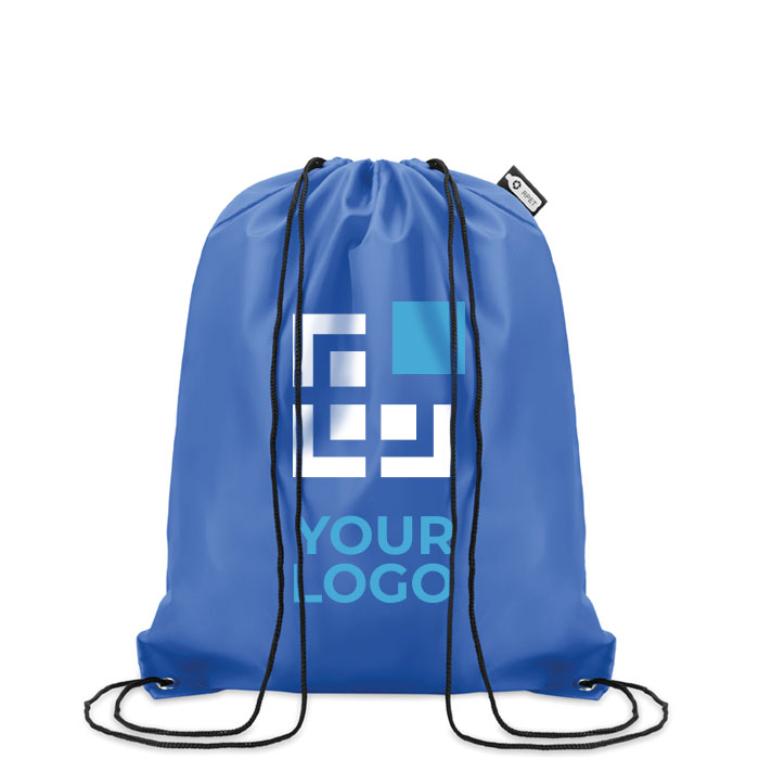 Drawstring bag made from recycled bottle plastic for sustainability blue colour view with print area