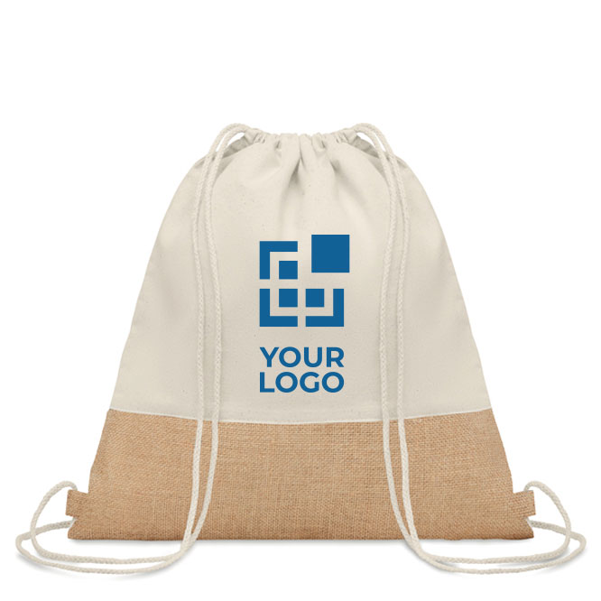 Gym bag made of 160 g/m2 cotton, jute detail, natural beige colour view with print area