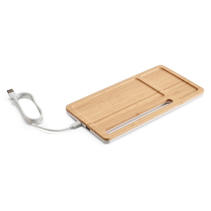Desk organiser with phone charging station, bamboo surface main view