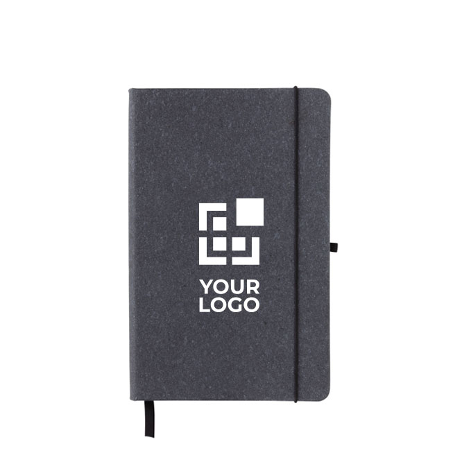 Recycled leather A5 notebook, lined pages dark grey colour printing view