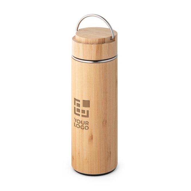 Stainless steel thermos bottle with bamboo finish, 440ml main view