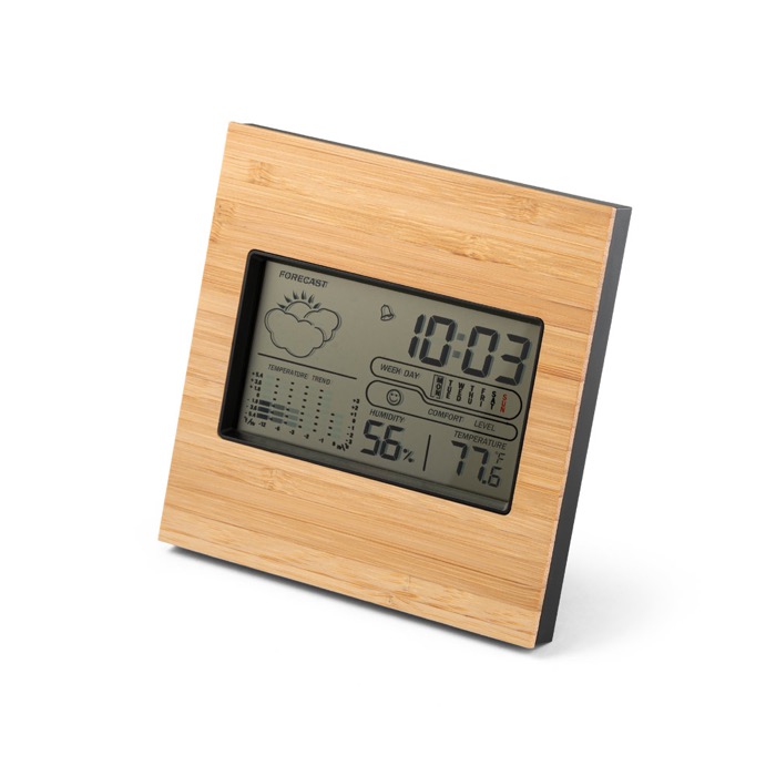 Multifunction weather station with bamboo housing for gifting main view