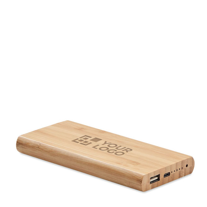 Wireless bamboo power bank as a sustainable gift, 6,000 mAh wood colour view with print area
