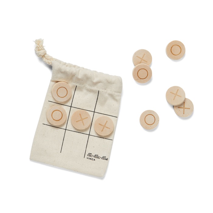 Wooden noughts and crosses set, cotton pouch brown colour printing view
