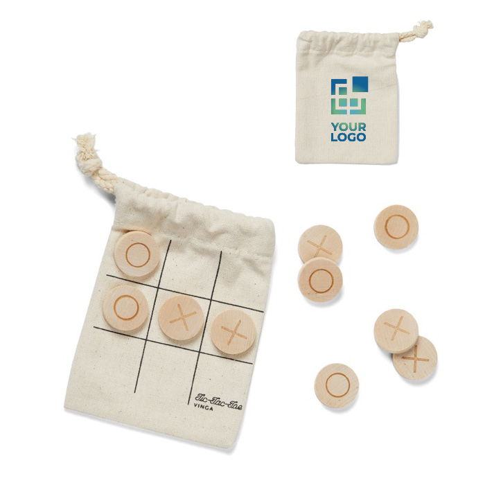 Wooden noughts and crosses set, cotton pouch brown colour printing view