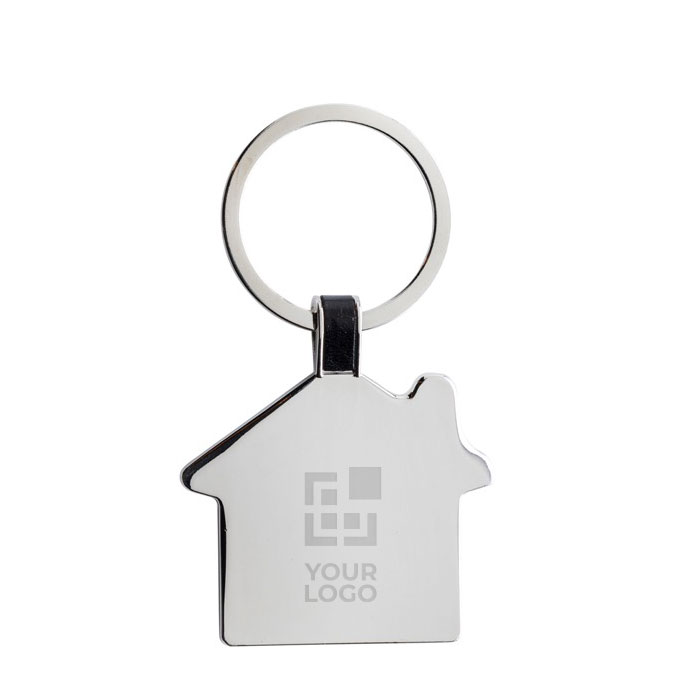 Budget metal house-shaped keyring for events silver colour printing view