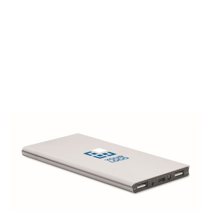 External aluminium battery charger, with colours, 8,000mAh matt silver colour view with print area