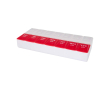 Weekly pill organiser, morning and evening, seven days colour red