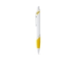White plastic pen with coloured detail, blue ink colour yellow