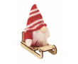Wooden Christmas decoration: gnome on sleigh filled with cotton colour red