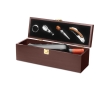 Wine set in a wooden box with four accessories for wine lovers colour wood