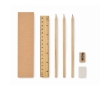 Cardboard box with pencils, eraser, sharpener, and ruler colour beige