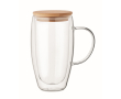 Tall glass mug, transparent handle, wooden lid, 450 ml colour transparent