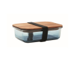 Glass lunchbox, wooden lid, elastic closing band colour transparent blue