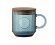Original ribbed glass mug, acacia wood lid, 300 ml colour transparent blue