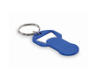 Recycled aluminum bottle opener keyring with shopping cart token colour blue