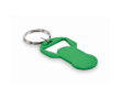 Recycled aluminum bottle opener keyring with shopping cart token colour green