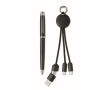 Gift set with metal pen and keyring with 2-in-1 charging cable colour black