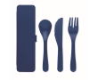 Reusable cutlery set with knife, fork and spoon in a case colour blue