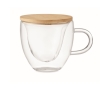 Heart-shaped, double-walled glass mug with bamboo lid, 180 ml colour transparent