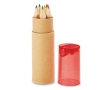 6 coloured pencils in a box and sharpener in the lid colour transparent red