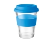 Glass takeaway cup with lid and silicone band, 350 ml colour blue