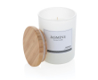 Scented candle with subtle fragrance, bamboo lid and logo colour white