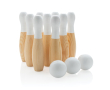 Wooden skittle game with 9 pine pins in cotton bag colour brown