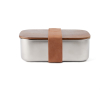 Recycled stainless steel lunchbox with wooden lid and strap colour silver