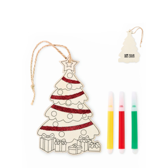 Christmas hanging ornament, wooden tree shape, colouring design