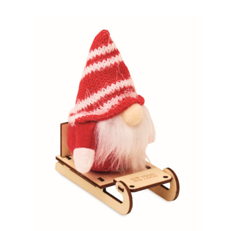 Wooden Christmas decoration: gnome on sleigh filled with cotton