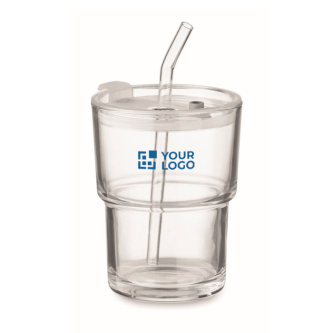 Glass tumbler with leak-proof lid and glass straw, 300 ml