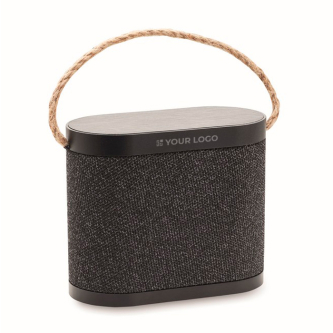 Black wireless speaker with jute carry handle, 15W