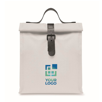 Polyester roll-top cooler bag with handle and leather closure